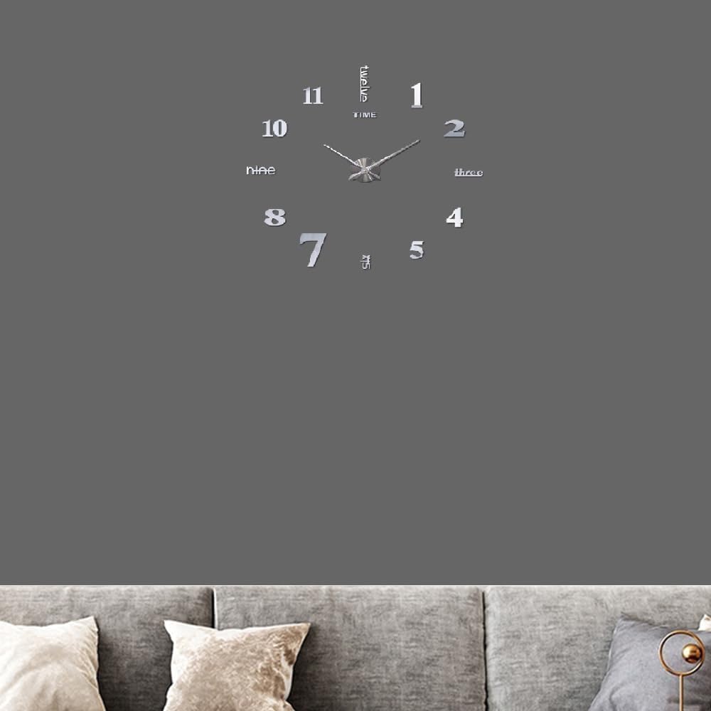 Large DIY Wall Clock Kit - 3D Frameless with Mirror Number Stickers, Self Adhesive for Home Living Room Bedroom Office Decoration Gift Item (Silver)