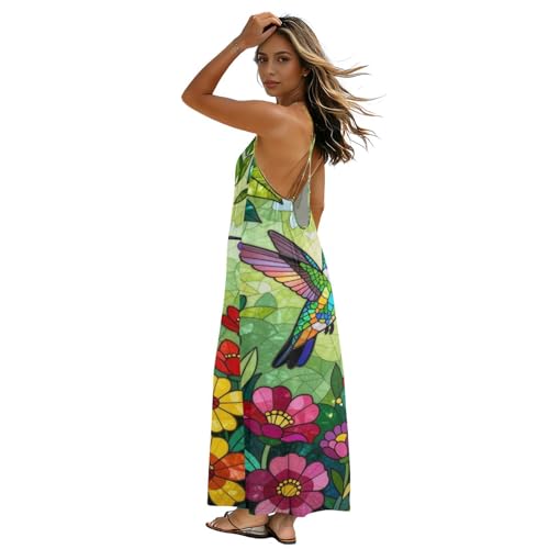 Robe caraco légère contre la chaleur style dos nu colibri et fleurs