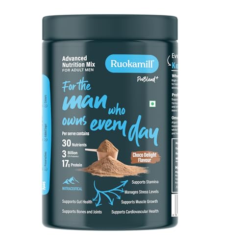 Image of Ruokamill Men High Protein Nutrition Mix | Supports Performance, Stress Reduction & Muscle Recovery | 30 Nutrients, 17g Protein, BCAA, Ashwagandha | Zero Added Sugar | (825g, Chocolate)