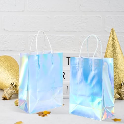 Image of BLEWINDZ 32Pcs Small Paper Gift Bags with Tissues, Iridescent Party Favor Bags with Handles, Holographic Silver Gift Bag for Wedding Baby Shower Birthday Party Supplies