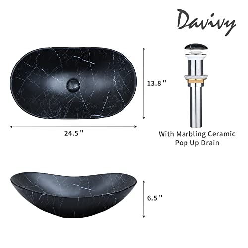 Davivy 24.5'' X 13.8'' Marbling Matte Black Oval Vessel Sink With Pop Up Drain,Boat Shape Bathroom Vessel Sinks,Bathroom Sinks Above Counter,Counter Top Sink,Ceramic Vessel Sinks For Bathrooms #TOP1