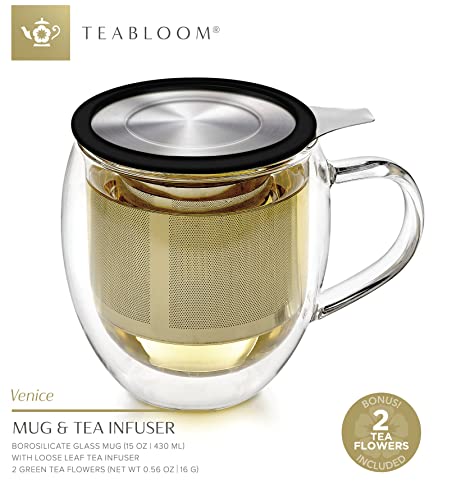 Teabloom Double-Wall Borosilicate Glass Mug With Stainless Steel Infuser And Lid – 15 Oz / 430 Ml – 2 Gourmet Tea Flowers Included #TOP1