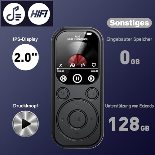 128GB MP3 Player mit Bluetooth 5.4, RWSRW Musik-Player mit FM-Radio, Sprachaufzeichnung, HiFi-Sound, FM Radio, E-Book-Funktion, Kopfhörer im Lieferumfang enthalten