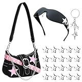 Y2k Shoulder Bag for Women Girl Vintage Hobo Handbag Goth Punk Clutch Bags Star Hair Clips Y2k Accessories Set, Pink