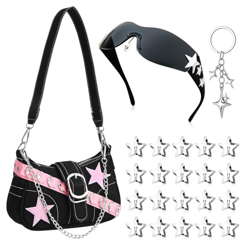 Y2k Shoulder Bag for Women Girl Vintage Hobo Handbag Goth Punk Clutch Bags Star Hair Clips Y2k Accessories Set, Pink