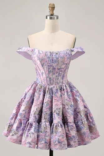 Short Homecoming Dresses for Teens Floral Print Satin Off The Shoulder A Line Prom Cocktail Dress2