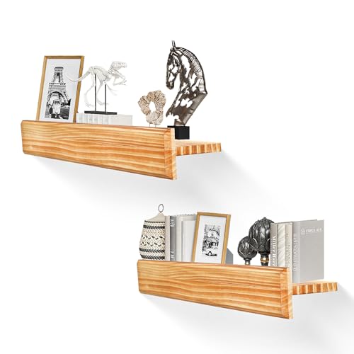 24 Inch Picture Ledge Shelf with Lip,Floating Shelves for Wall, Set of 2 Solid Pine Wood Shelves with Invisible Brackets, Wall Storage for Living Room, Bedroom, Kitchen, Bathroom(Carbonized Brown)