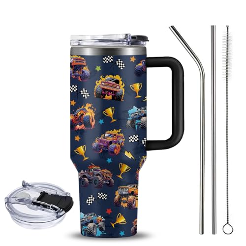 NIAXAUYT Monster Truck Gifts - Monster Truck Tumbler with Handle and Straws 40oz Stainless Steel Big Trucks Insulated Travel Cups - Birthday Present for Trucks Lover Teen Boys Men Son Coffee Mugs