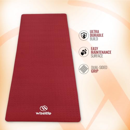 Image of WiseLife Classic Eco-TPE 10 MM Yoga Mat with Yoga Strap for Men & Women | Extra Thick, Long & Wide Non-Slip, Anti-Tear Exercise Mat for Home, Gym, Workout, Fitness, Yoga & Pilates (Maroon)