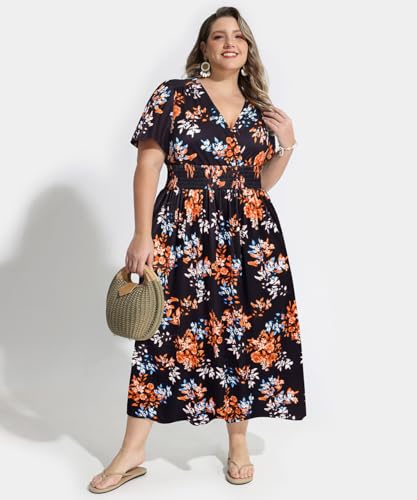 Image of CARCOS Plus Size Dresses for Curvy Women V Neck Summer Maxi Dress Short Sleeve Floral Boho Dress Smocked Waist Beach Dress