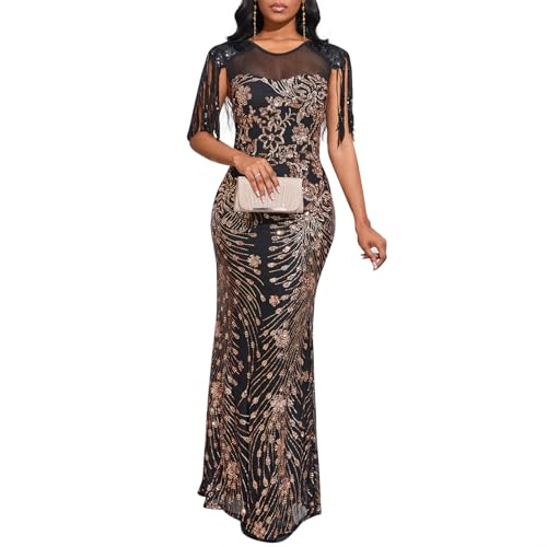Image of Cololura Sexy Sequin Tassel Mesh Perspective Party Cocktail Bodycon Evening Club Maxi Dress