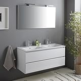 Kiamami Valentina - Meuble de Salle de Bain 120cm Blanc Brillant, tiroirs et Double Vasque, Miroir et 2 Lampes | Benaco