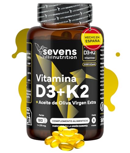 Vitamina D3 y K2 4000 UI + 200 µg de Vitamina K2 MK7 con Aceite de Oliva Virgen Extra – Alta Biodisponibilidad de MK 7 - Suplemento Vit D para la Salud Inmunológica, Huesos y Músculos - Sin Gluten