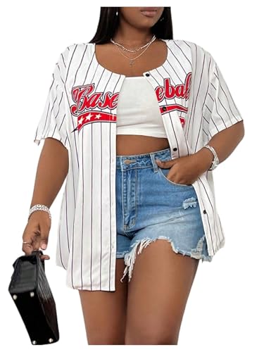 WDIRARA Camisa feminina de beisebol plus size listrada com letras estampadas com botões e manga curt