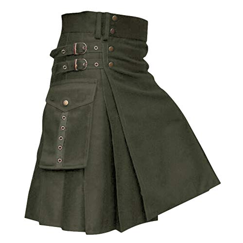 Gafeng Mens Kilt Utility Scottish Traditional Highland Solid Pleated Buckle Straps Costume Kilts with Cargo Pockets Army Green