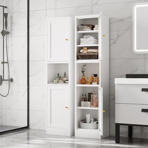 Image of 67 inch Tall Narrow Storage Cabinet with Doors and Open Shelf,Metal Pantry Cabinet,Shaker Style Slim Cabinet with Adjustable Shelves,for Bathroom Kitchen Laundry Small Spaces,White,1Pc