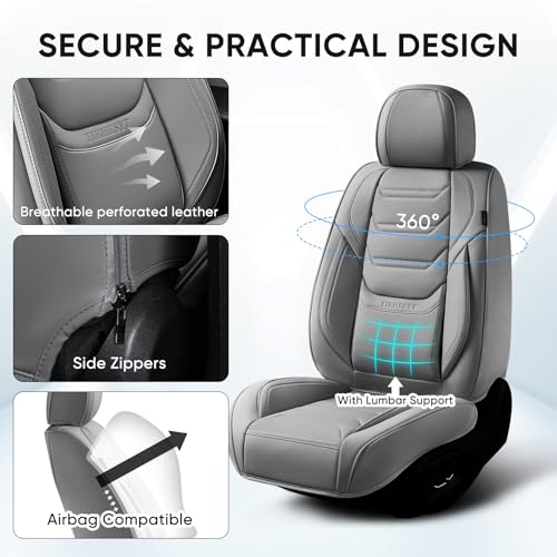 Image of TIEHESYT Leather Seat Covers Front Pair with Lumbar Support & Headrest, Breathable and Waterproof Car Seat Cover, Universal Seat Covers for Cars, Trucks, SUVs, Airbag Compatible, Gray