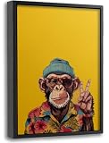 Framed Monkey Canvas Wall Art, Chimpanzee with Sunglasses Painting Picture Wall Decor, Yellow Background Animal Poster Print Artwork for Bedroom Living Room Office Home Decoration 8x10in