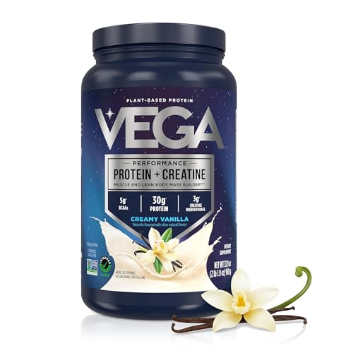 Vega Protein + Creatine – 30g Plant Based Protein Powder + 3g Creatine So You Bounce Back Faster – Low Carb Plant Protein Powder, Post Workout Vegan Shake – Vanilla, 20 Servings, 2.12lb (Pack of 1)