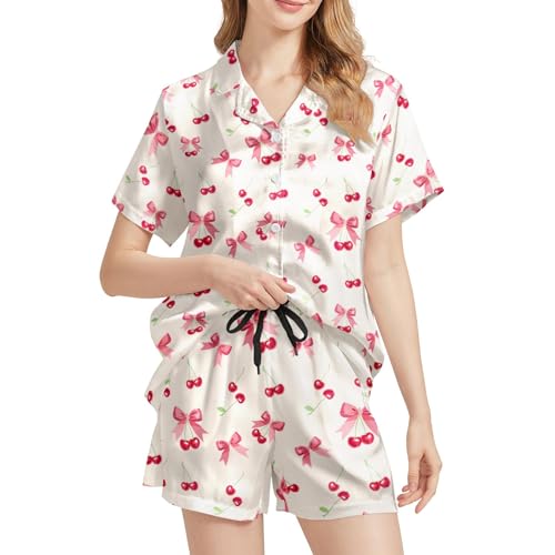 Image of Silk Satin Pajama Set for Women Summer Lounge Pjs Sets 2 Piece Suit Ladies Button Down Tops And Shorts Sleepwear