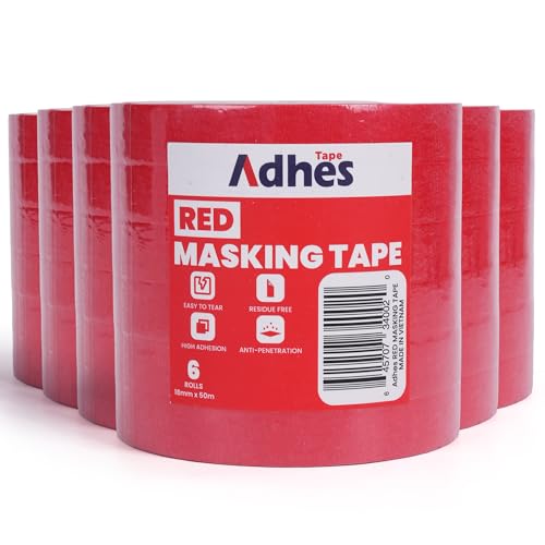 Image of Adhes No Residue Red Masking Tape, 36 Rolls x 0.7 Inch x 55 Yards, Clean Removal Painter's Tape for Painting, Labeling, Marking, Easy Tear, UV-Resistant