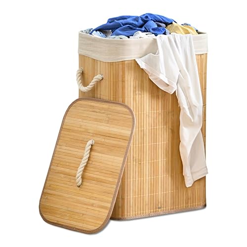ADEPTNA Large Collapsible Bamboo Laundry Basket with Lid – Sturdy & Foldable Washing Hamper Bin with Removable Liner & Strong Handles – Spacious Yet Space-Saving Storage Solution