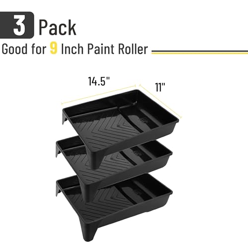 Bates- 9 Inch Paint Tray, 3 Pack, Black Plastic Paint Roller Tray 9 Inch, Deep Capacity, Textured Ridge
