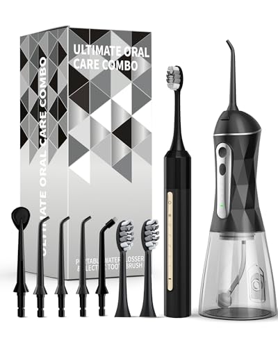 Lumivoid Water Flosser and Electric Toothbrush Combo,2-1 Oral Clean Kit, 5-Speed Sonic Electric Toothbrush & 4-Speed Portable Water Flosser to Clean Teeth and Protect Gum Health, IPX7 (Black-Set)