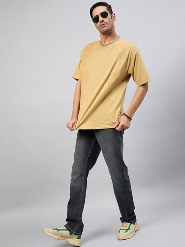 Image of Club York Men Beige Half Sleeve Embroidery Round Neck T-Shirt