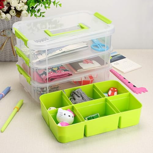 Image of plastic boxes for Storage transparent boxes for storage, Portable & Stackable Space Saving Organiser with Lid for Medicine, Jewelry, Arts & Crafts, Buttons, Beads (Green, 4 TIER WITH 1 TRAY)