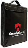 SteadyGuard Premium Fireproof Bag - XL 15”x11.5”x2.5” - Non-Itchy Silicone Coated Fiberglass Pouch w/ Zipper & Handle - Safe Storage of Valuables Documents Money - Water & Fire Resistant