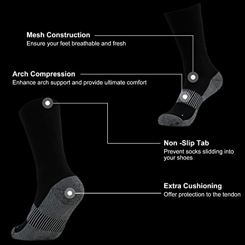 Footplus Copper Hiking Socks, Cushioned Sole Arch Support Marathon Running Crew Socks, Copper Infused No Odor Mountain Climbing Camping Socks, 6 Pairs Black, Medium #TOP3