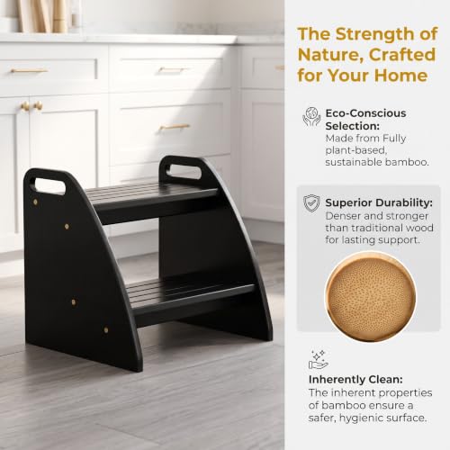 Image of Bamboo 2 Step Stool 300lbs Capacity, Wooden Two Step Stool with Non-Slip Handles, Heavy Duty Stepping Stool for Bedside High Beds Adults, Sturdy Small Bathroom Kitchen Black Step Stool