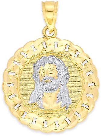 Ice on Fire Jewelry 10k Solid Two Tone White and Yellow Gold Jesus Head Pendant, Diamond Cut Finish Religious Prayer Medal