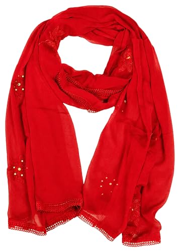 Image of YOUTHQUAKE Flower Embroidered Diamond Work Chiffon Dupatta for Womens & Girls With 4 Side Lace