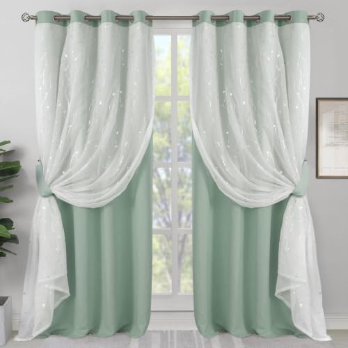 BGment Frosty Green Blackout Curtains 84 Inches Long with Sheer Overlay