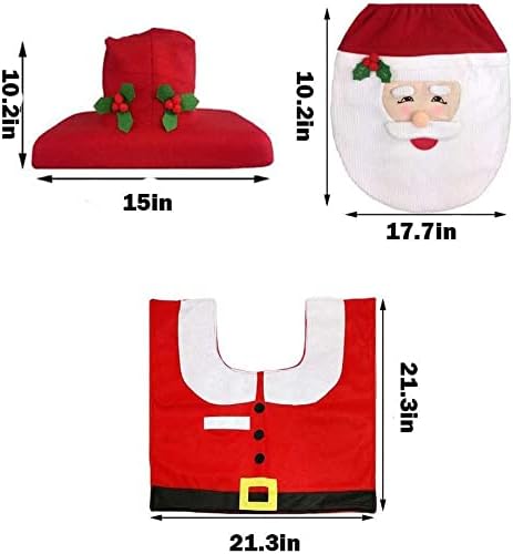 TIANHOO Christmas Decoration Toilet Set, 3 Piece Bathroom Decoration Set Xmas Decorations Bathroom Accessories, Toilet Seat Cover, Toilet Rug, Toilet Water Tank Cover with Tissue Box Cover