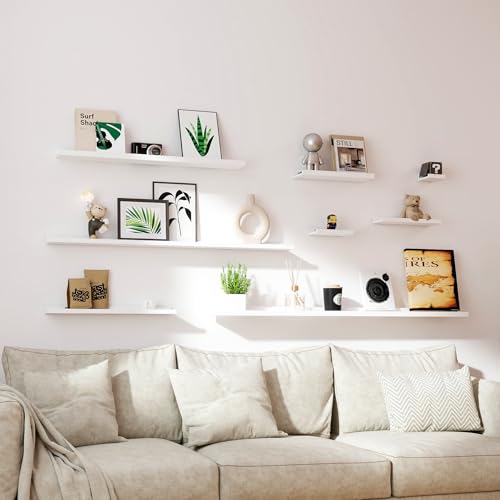 Image of Small White Floating Shelves for Wall, Shelf with Lip Set of 2, 8 in | Mini Display Ledge Shelf for Wall Decor, Wall Mounted Wood Shelves for Bedroom, Bathroom, Living Room, Kitchen, Nursery Room