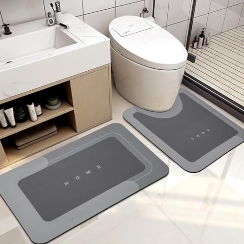 Bingobang 2 PCS Absorbent Bath Mat Set Non Slip Anti Mould, Diatom Mud Bathroom Shower Mat, Washable Quick-Dry 4 Layer Thickened Toilet Floor Rug (Dark Gray Combination, 45 x 75 cm + 45 x 60 cm)