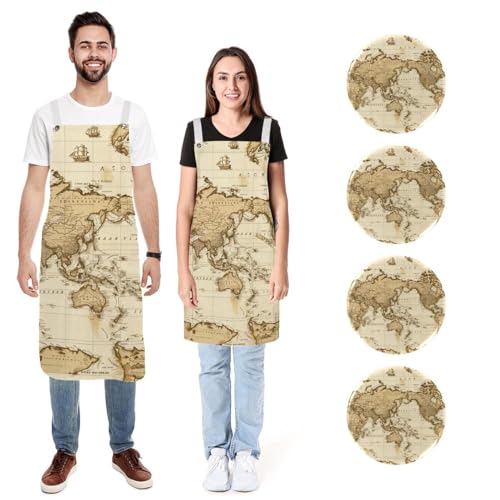 Tablier de cuisine vintage en lin de qualité supérieure avec imprimé cartographie