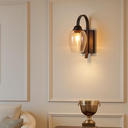 Image of SINOMAN Black Style Wall Light Fixture Wall Sconce with Clear Glass Shade, Elegant Lighting for Entryways, Living Room, Staircases, Bedrooms and Home Decoration (with Bulb)