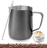 PLACHIDAY Milk Frothing Pitcher 350ml/12oz, Stainless Steel Milk Jug with Measurement Mark, Latte Art Pen, Black