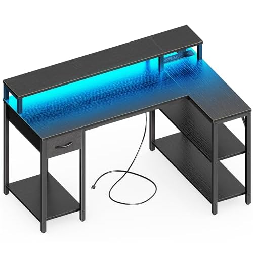 SUPERJARE 47 inch L Shaped Gaming Desk with LED Lights & Power Outlets, Reversible Computer Desk with Shelves & Monitor Stand, Corner Desk with Drawer, for Home & Office, Black