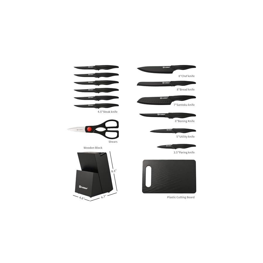 KATISUN 16 Pieces Kitchen Knife Block Set with Cutting Board, German Stainless Steel Knife Set with Sharpener, Dishwasher Safe, Anti-Slip Handle, 6 Steak Knives, Black
