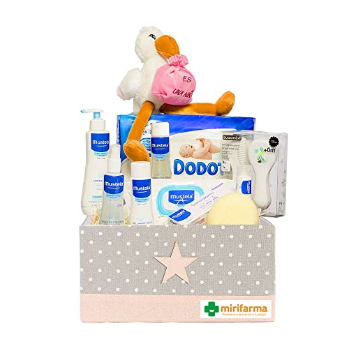 Mirifarma Canastilla Bebé Supreme (Rosa) para regalo. Con: Caja Multiusos, Peluche Cigüeña Rosa. Toallitas, Crema, Gel, Colonia, Esponja, Champú, Cepillo Y Peine, Hidratante, Pañales.