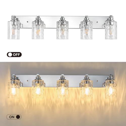 Image of 5-Light Bathroom Light Fixtures Modern Chrome Vanity Lights | Easy to Install Clear Hammered Glass Shades, Rippled Glow, Wall Mount Up or Down, E26 Socket, Hardwired, 120V