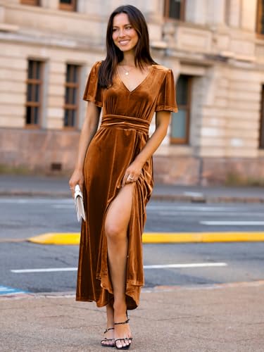 Image of Simplee Women's Velvet Maxi Dress V Neck Short Sleeve Empire Waist Semi Formal Long Cocktail Dresses