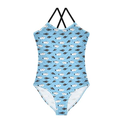 senya Girls Swimsuits One-Piece Swimwear Tie Bathing Suit Beach Summer Round Neck 9-10T Black White Fish Pattern