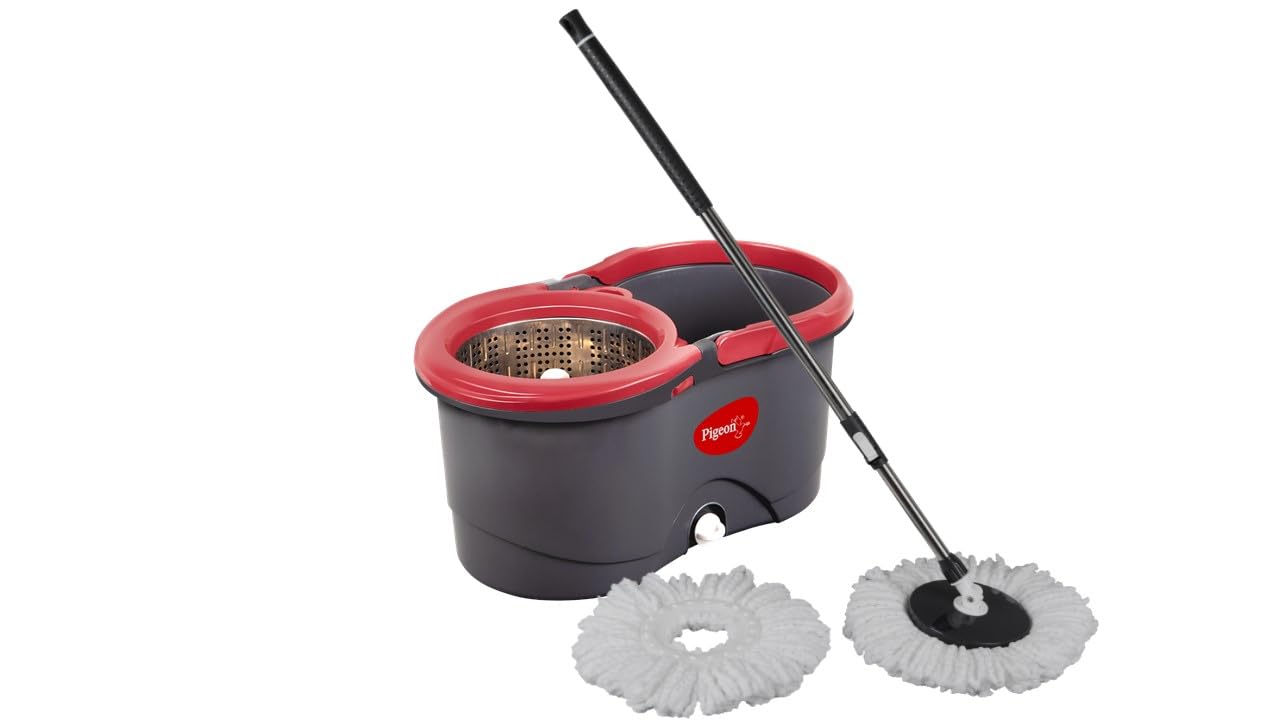 Pigeon by Stovekrft Shine Mop Deluxe With Stainless Steel Spinner, Mop Bucket for Floor Cleaning and Mopping System, Stainless Steel Spinning mechanism, Two Microfiber Refills, Grey and Red (B0D11BYTK7) Amazon Price History, Amazon Price Tracker