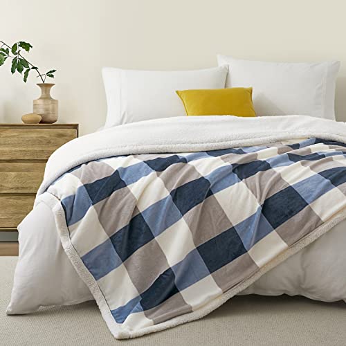 Gracelife Sherpa Throw Blanket 60”X80”, Plaid Warm Cozy Throw Blankets For Sofa, Couch, Bed, Reversible Throws Fluffy Plush Flannel Fleece Blankets And Throws For Adults Women Men, Gray-Soft Blue #TOP1